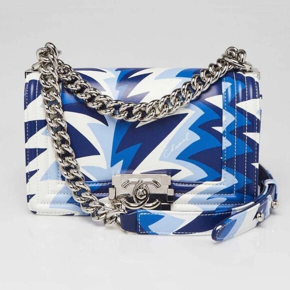 Chanel Blue/White Printed Leather Small Boy Bag - Picture 1 of 10